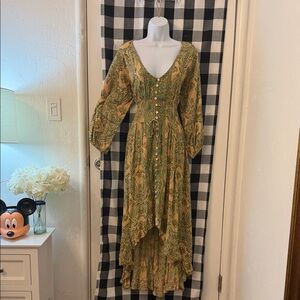 Z&L Europe Bohemian Green and Gold Paisley High Low Maxi Dress